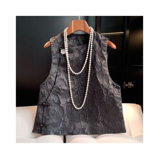 Asaya956 - Black high end relief jacquard vest vest vest vest women s autumn outfit new and improved Chinese style round neck and Chinese style camisole top