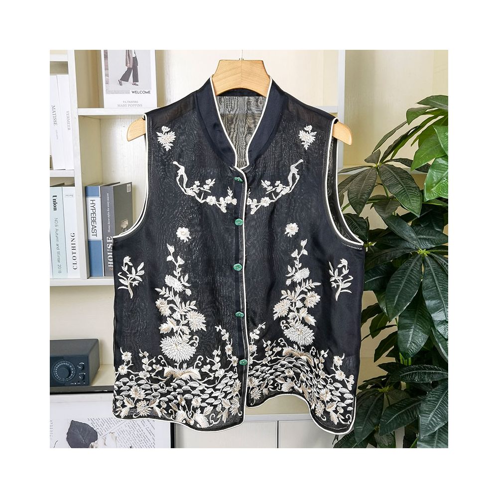 Original cabinet with super American style Chinese heavy industry embroidery real silk organza vest women s mulberry silk jacket image 13