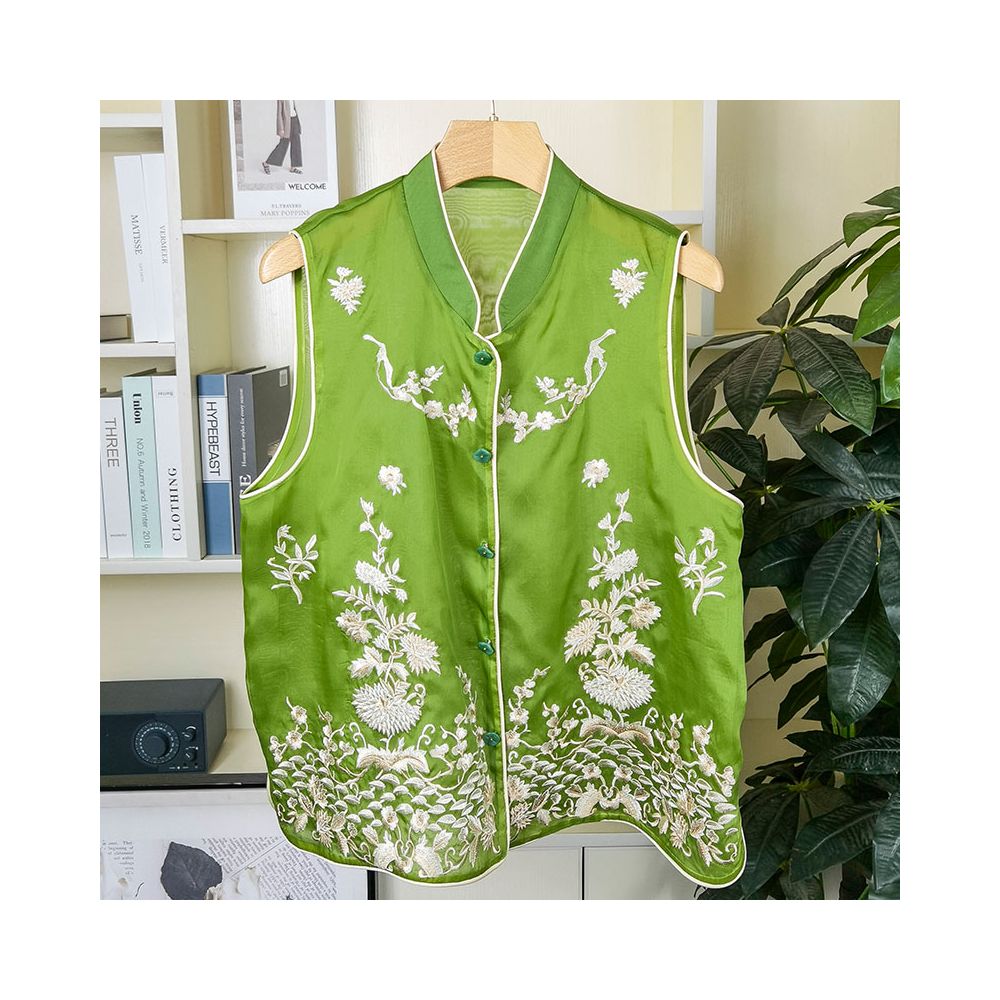 Original cabinet with super American style Chinese heavy industry embroidery real silk organza vest women s mulberry silk jacket image 15