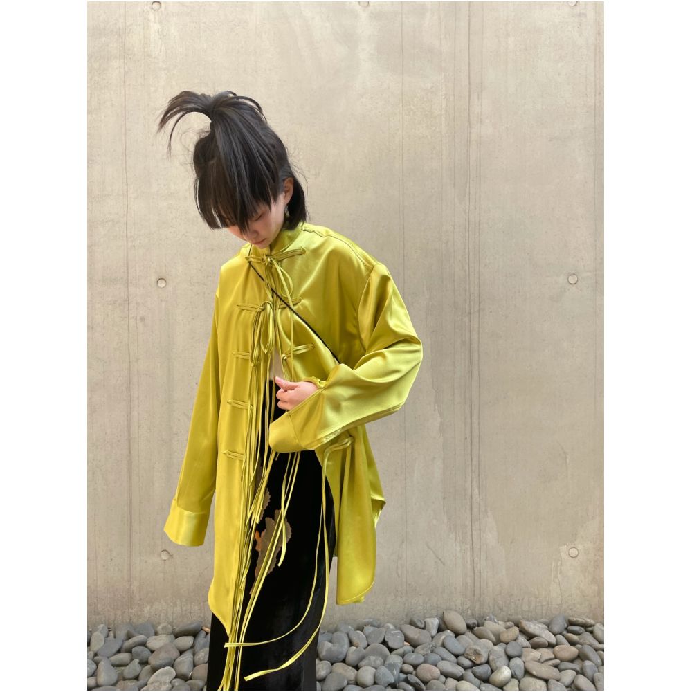 Ilikeitomouch original design new Chinese style improved lace up green satin green shirt image 2