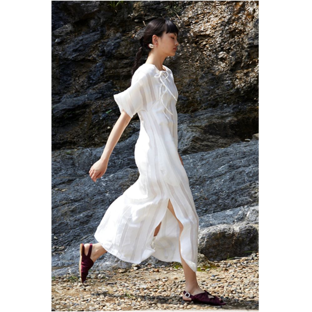 PaleBlueDot Blue Dot Original Designer White Striped Hollow Oblique Front Improved Cheongsam Dress image 1