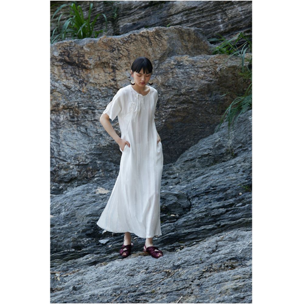 PaleBlueDot Blue Dot Original Designer White Striped Hollow Oblique Front Improved Cheongsam Dress image 2