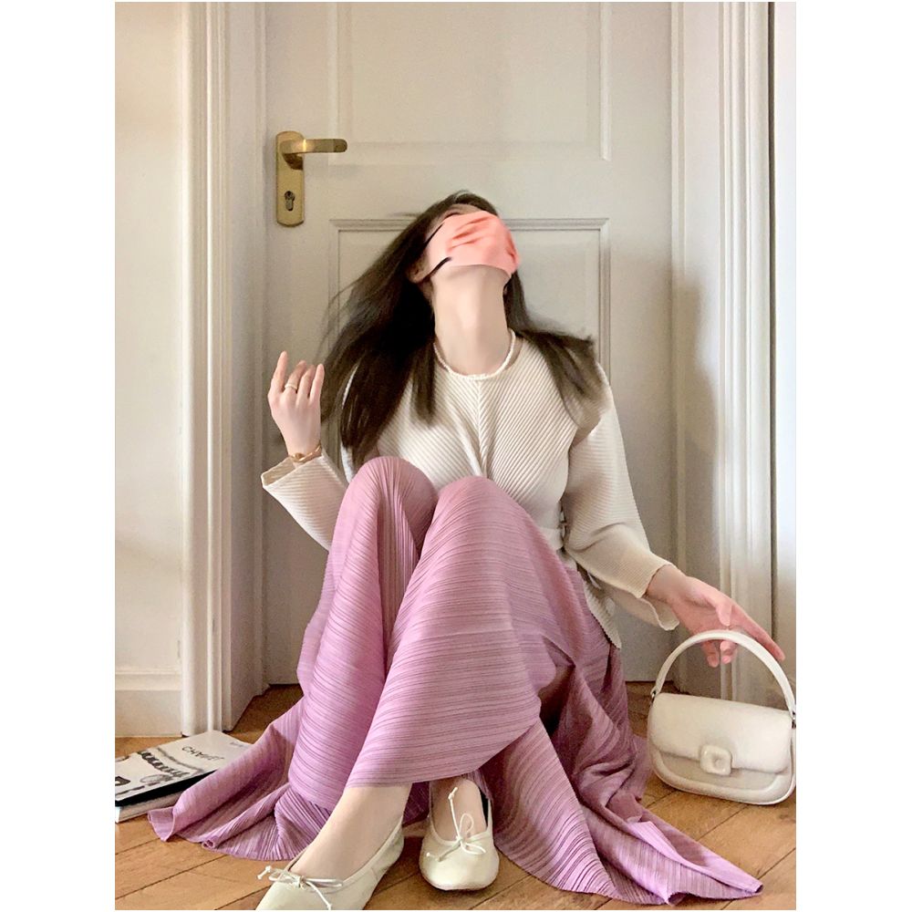 Whitecube Spring and Autumn Pleats Three House Style Folded Casual Wide Leg Pants for Women Pink Wave Seaweed Pants Fashionable image 3