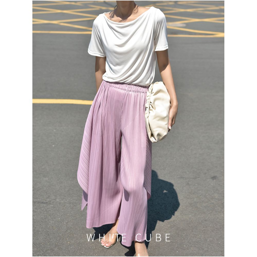 Whitecube Spring and Autumn Pleats Three House Style Folded Casual Wide Leg Pants for Women Pink Wave Seaweed Pants Fashionable image 4