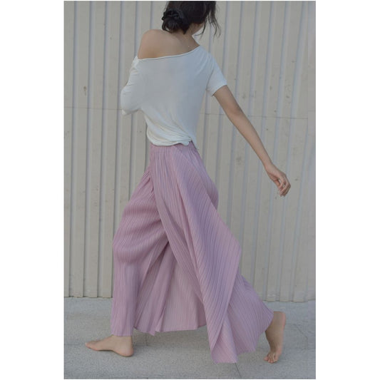 Asaya932 - Whitecube Spring and Autumn Pleats Three House Style Folded Casual Wide Leg Pants for Women Pink Wave Seaweed Pants Fashionable