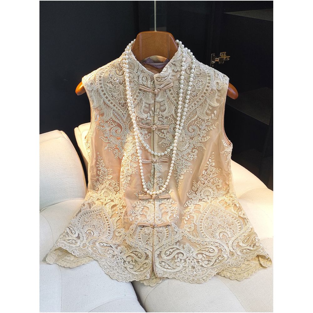 High end heavyweight lace nail bead vest for women in summer thin design retro improved cheongsam top buttoned sleeveless vest image 2