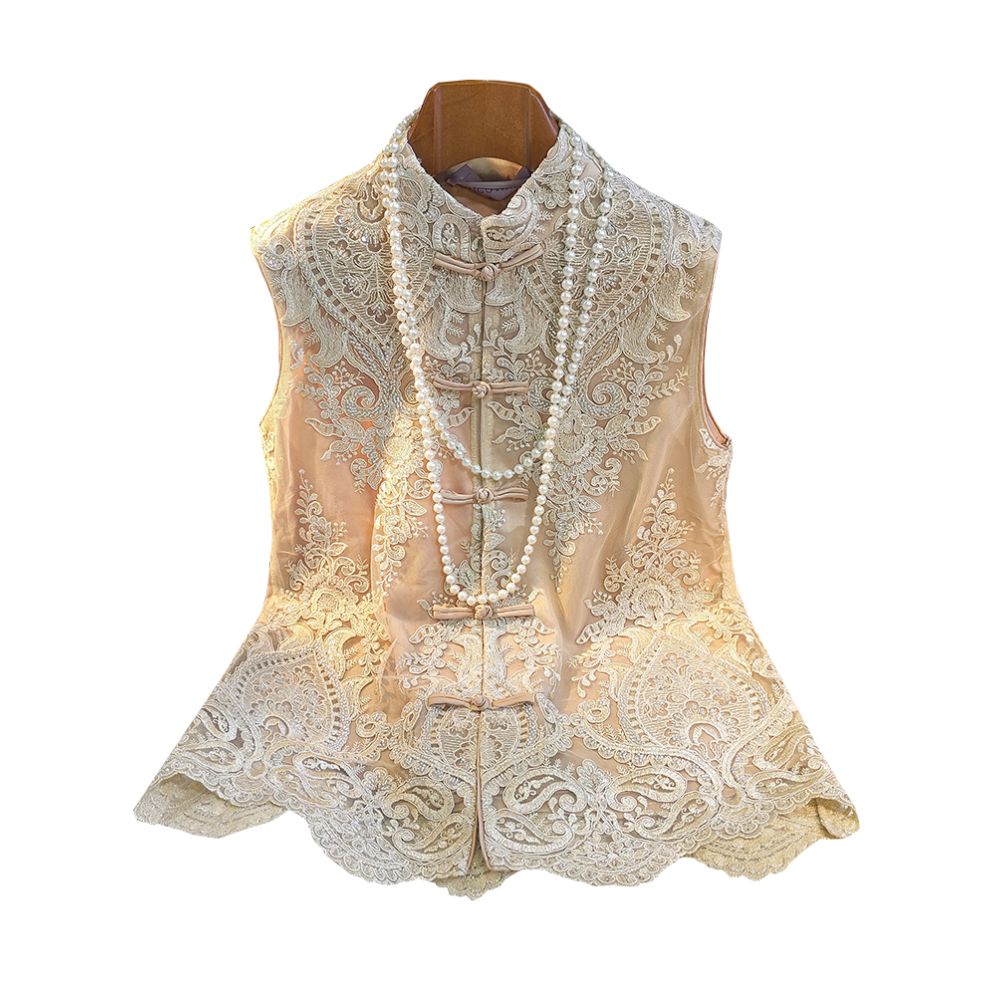 High end heavyweight lace nail bead vest for women in summer thin design retro improved cheongsam top buttoned sleeveless vest image 5