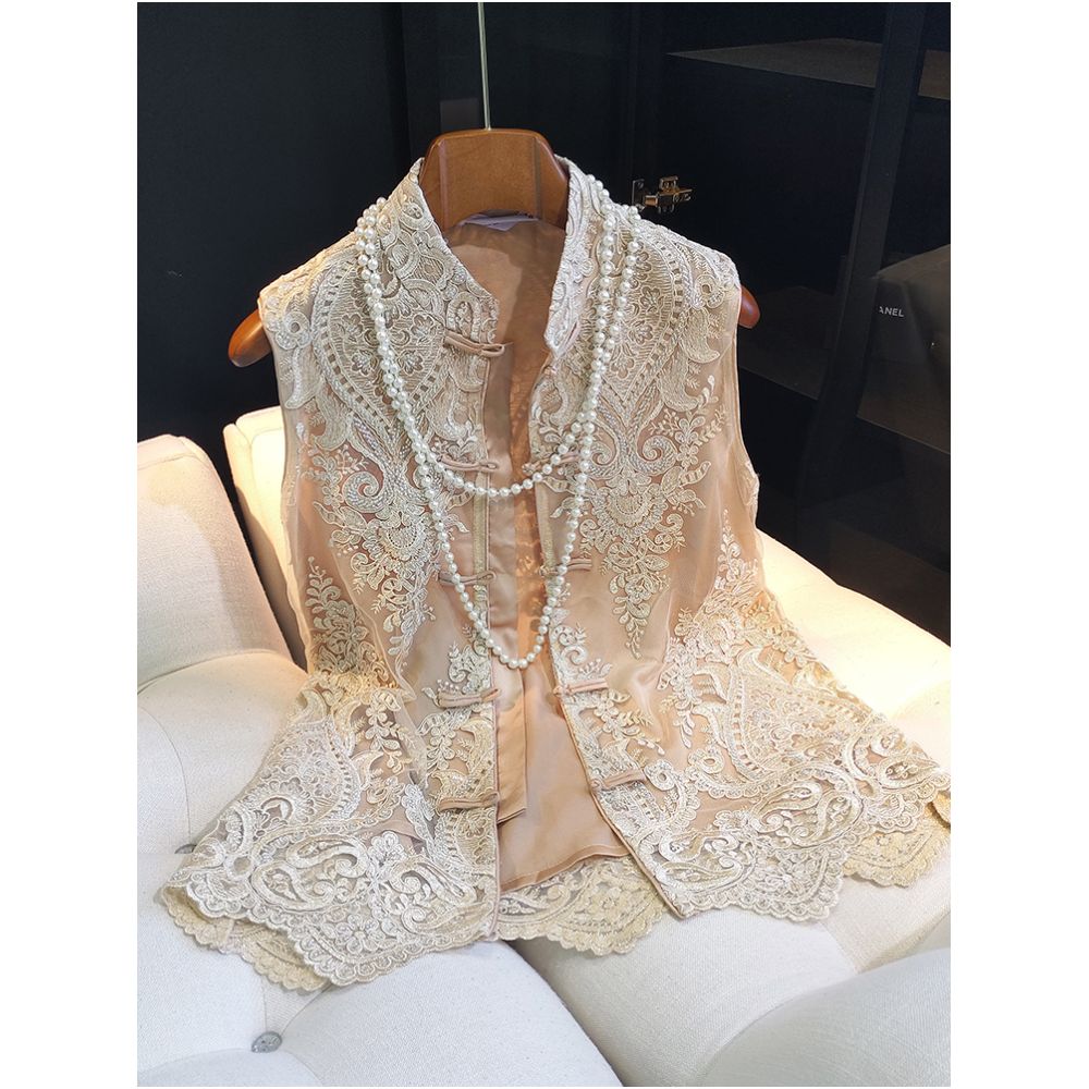 High end heavyweight lace nail bead vest for women in summer thin design retro improved cheongsam top buttoned sleeveless vest image 0