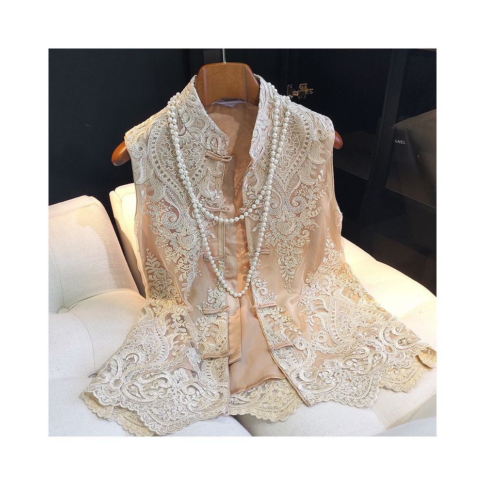 Asaya931 - High end heavyweight lace nail bead vest for women in summer thin design retro improved cheongsam top buttoned sleeveless vest