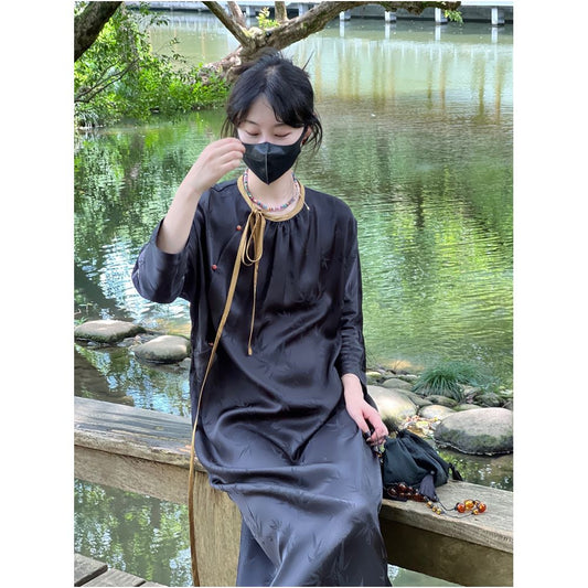 Asaya924 - New Chinese style women s clothing daily improvement cheongsam with slanted collar and buckle light Chinese style dress women s Zen style young style girl summer