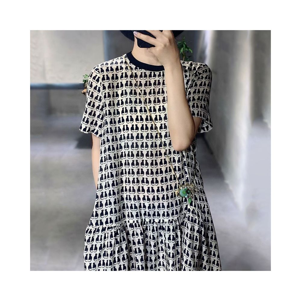 European 100 mulberry silk cat printed silk dress for women loose fit slimming and age reducing A line doll dress summer 2025 image 13