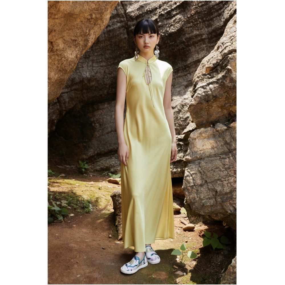 PaleBlueDot Summer Fashion Designer Stand up Collar Bright Yellow Satin Cheongsam Dress for Women image 2