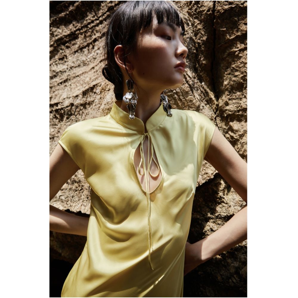 PaleBlueDot Summer Fashion Designer Stand up Collar Bright Yellow Satin Cheongsam Dress for Women image 3