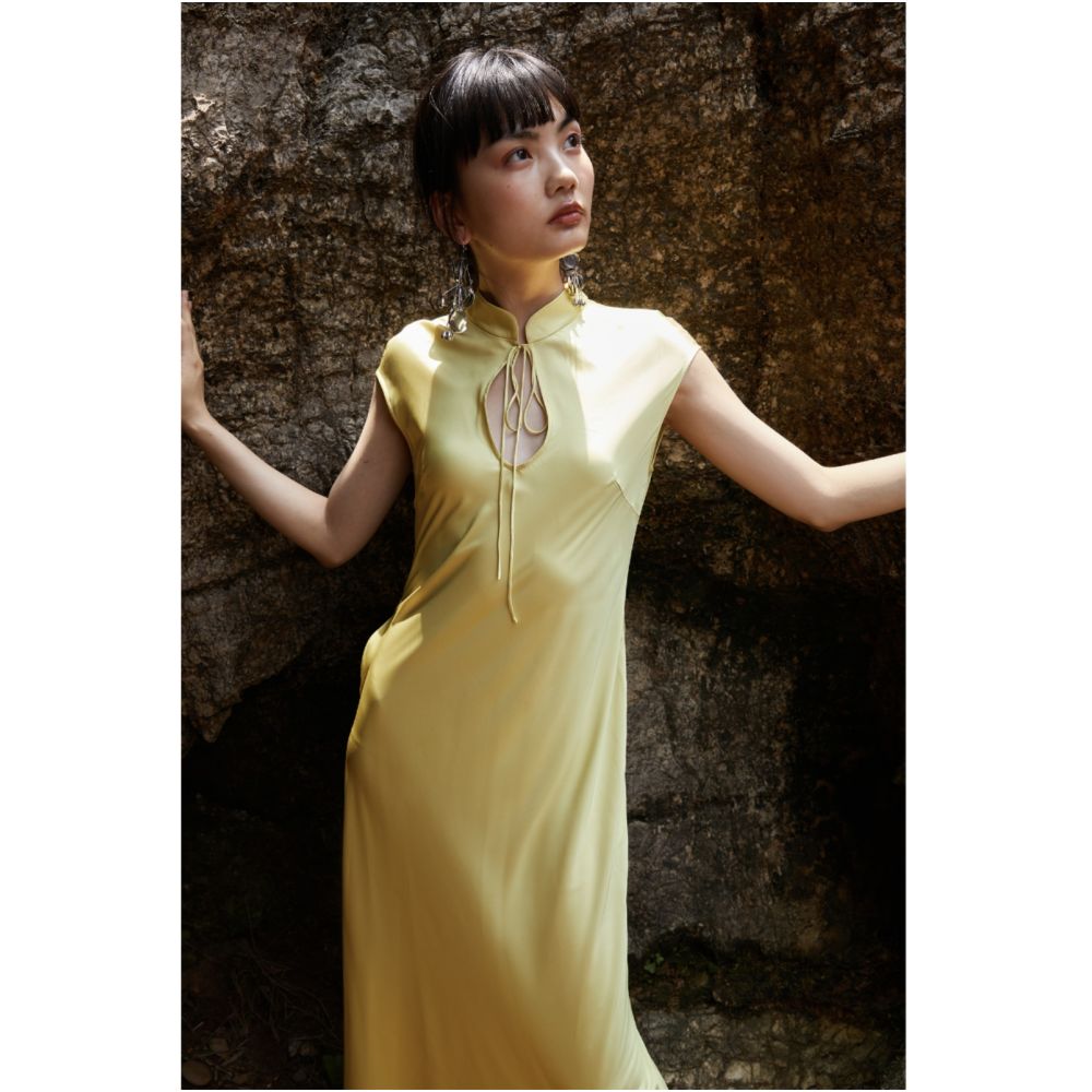 PaleBlueDot Summer Fashion Designer Stand up Collar Bright Yellow Satin Cheongsam Dress for Women image 4
