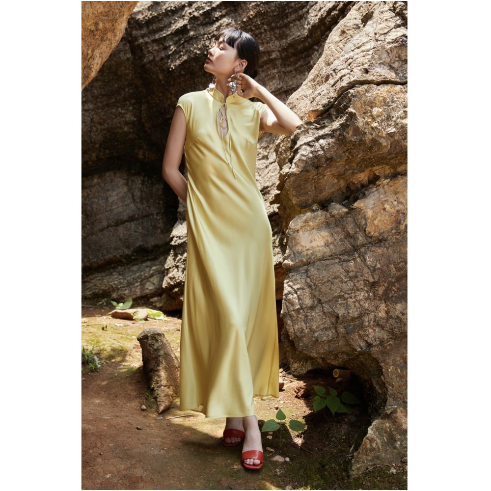 PaleBlueDot Summer Fashion Designer Stand up Collar Bright Yellow Satin Cheongsam Dress for Women image 8
