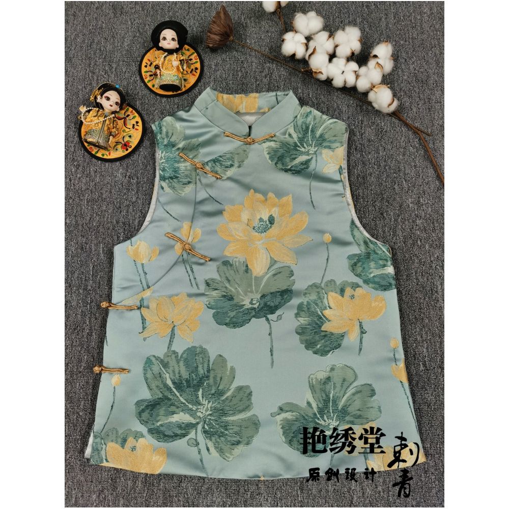 Spring 2022 China Chic original design brocade lotus jacquard retro slant placket stand collar button up vest for women image 1