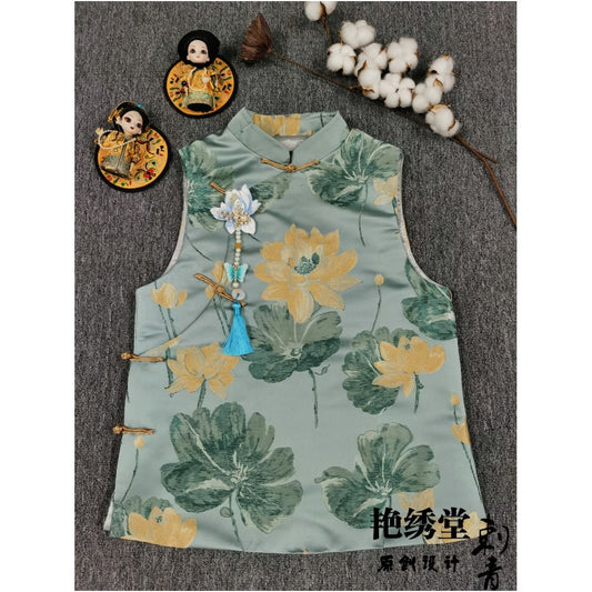 Asaya904 - Spring 2022 China Chic original design brocade lotus jacquard retro slant placket stand collar button up vest for women