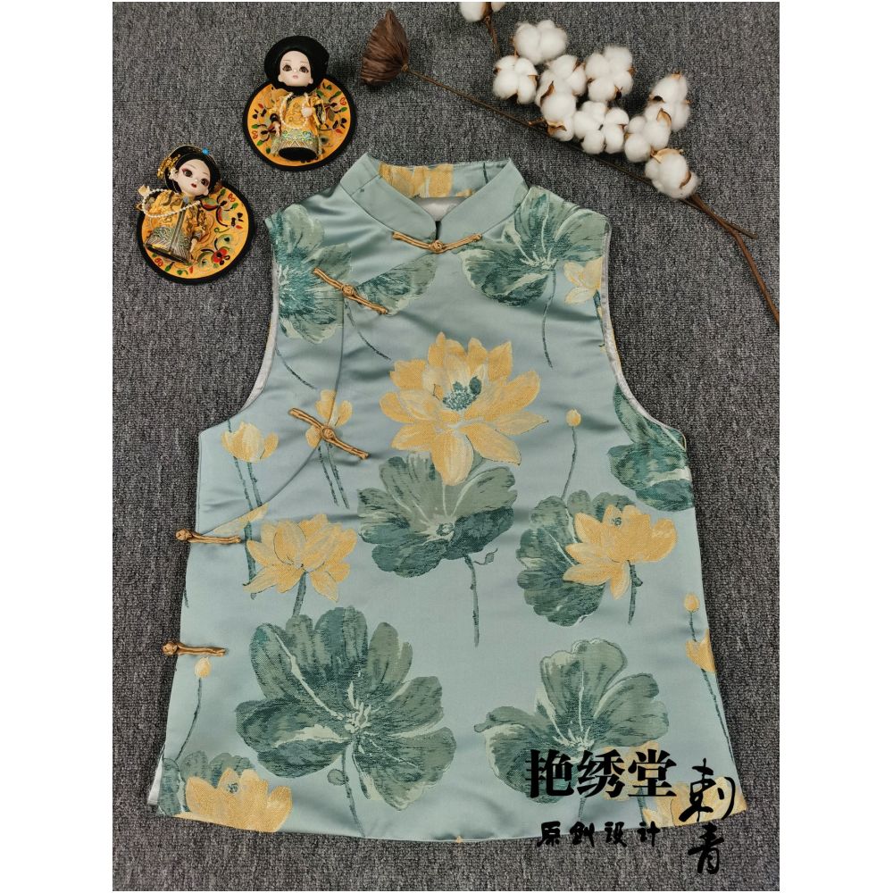 Spring 2022 China Chic original design brocade lotus jacquard retro slant placket stand collar button up vest for women image 20