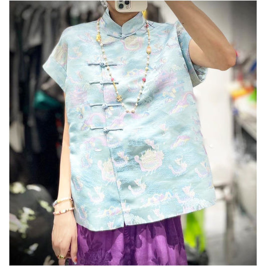 Asaya897 - Town store baby PYJ153 white rose red short sleeved shirt base shirt Chinese retro small shirt top for spring and summer women