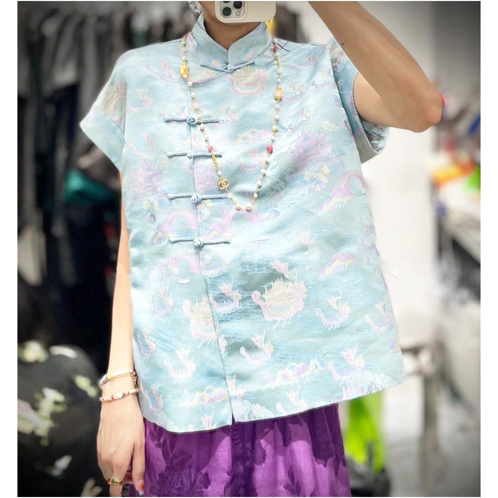 Town store baby PYJ153 white rose red short sleeved shirt base shirt Chinese retro small shirt top for spring and summer women image 60