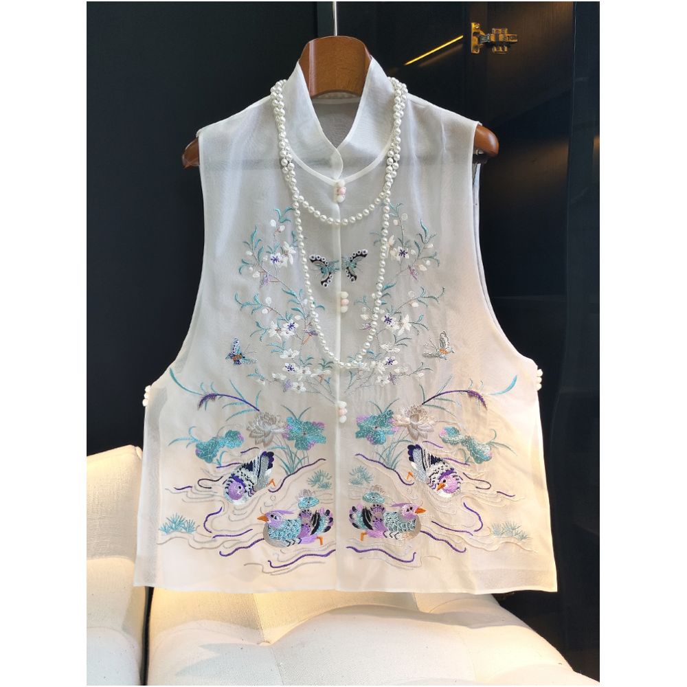 White real silk organza national style vest women s summer new retro button embroidered mulberry silk thin cardigan jacket image 1