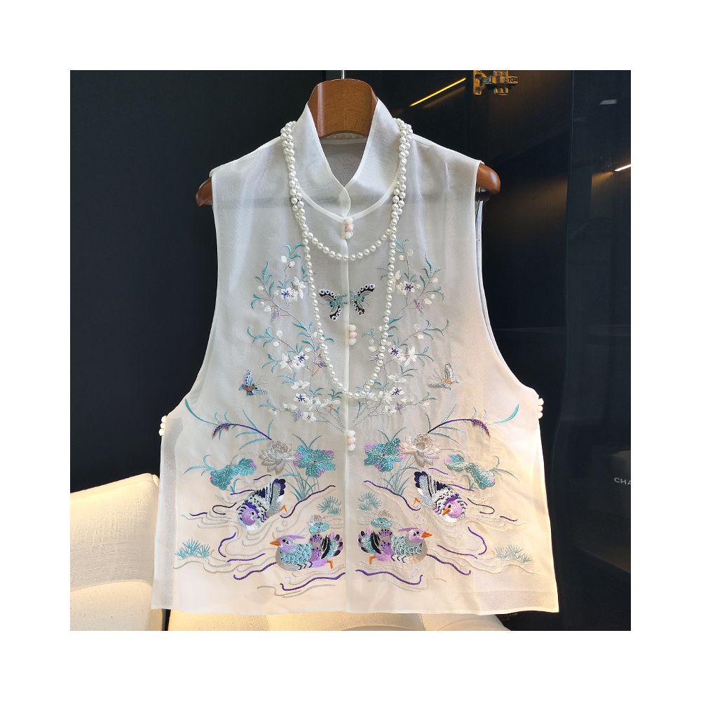 Asaya896 - White real silk organza national style vest women s summer new retro button embroidered mulberry silk thin cardigan jacket