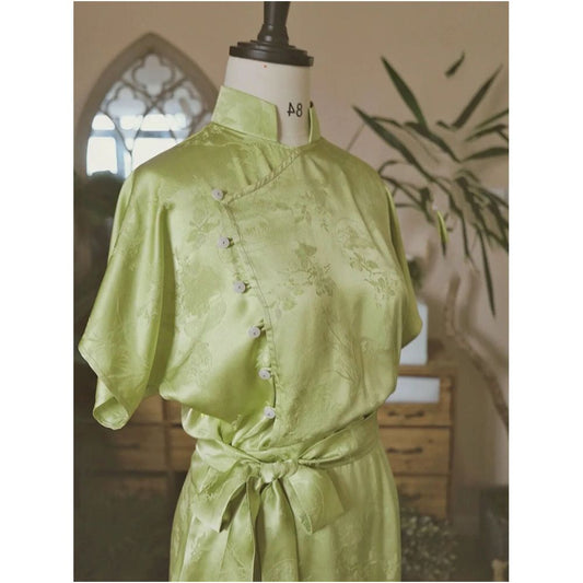 Asaya887 - 2025 Summer Chinese Style New Chinese Style Stand up Collar Tea Robe Jacquard Improved Cheongsam Light Ripe Dress with Unique Waist Collection