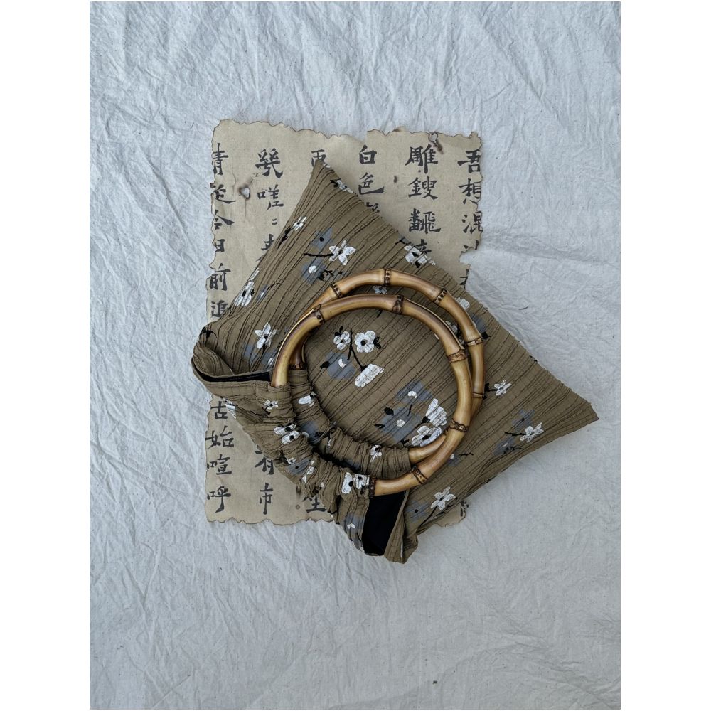 Blue Cottage Peach Latte Chinese Fold Texture Retro Style Natural Bamboo Knot Tote Bag image 2