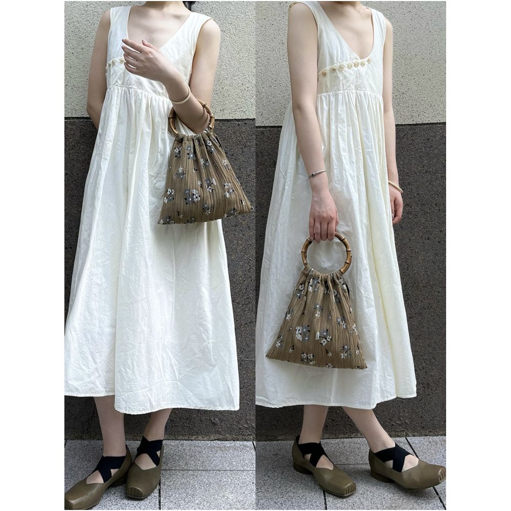 Blue Cottage Peach Latte Chinese Fold Texture Retro Style Natural Bamboo Knot Tote Bag image 3
