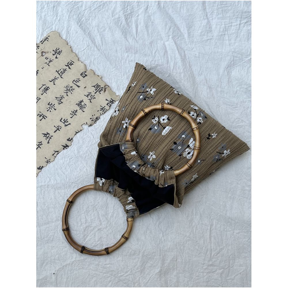 Blue Cottage Peach Latte Chinese Fold Texture Retro Style Natural Bamboo Knot Tote Bag image 4