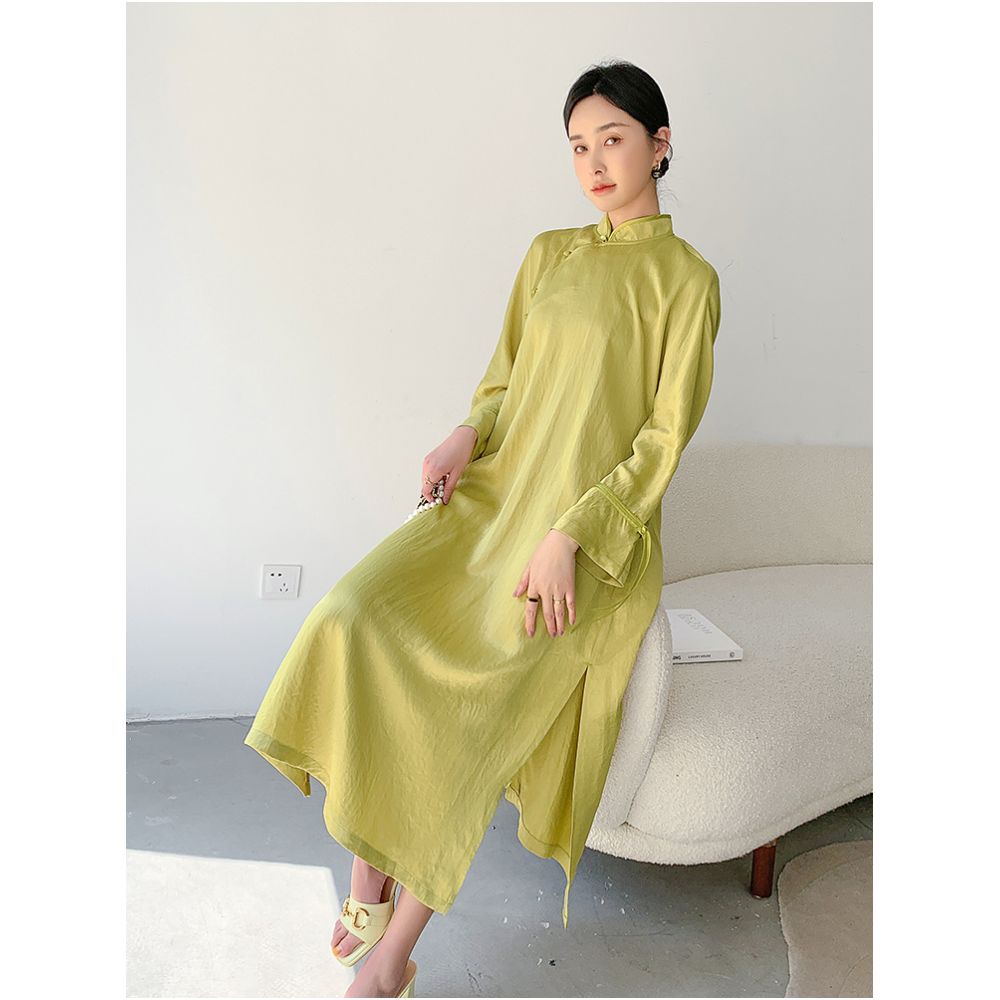 Green high end acetic acid cheongsam dress for women s daily summer new style retro buckle casual loose over the knee dress image 1
