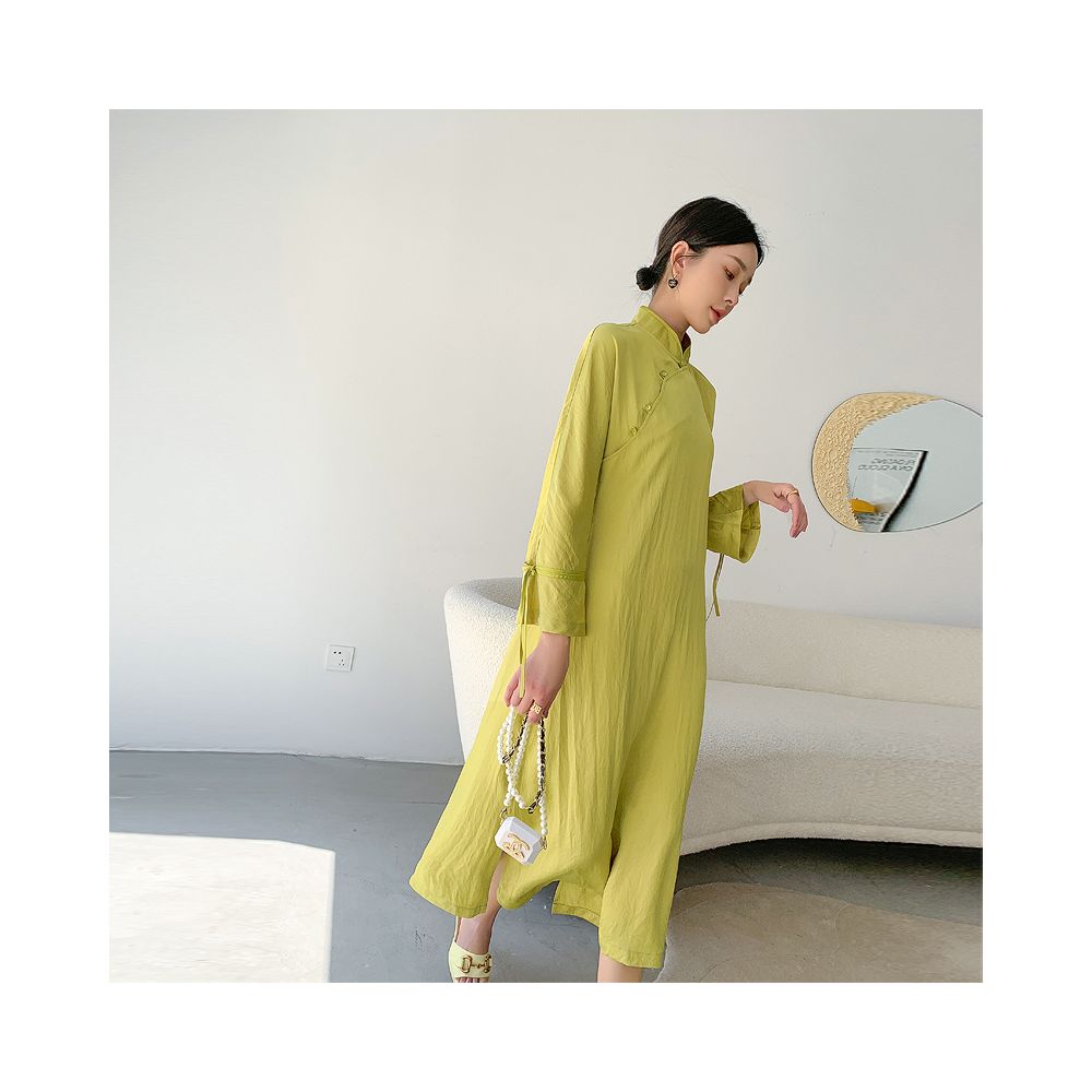 Green high end acetic acid cheongsam dress for women s daily summer new style retro buckle casual loose over the knee dress image 12