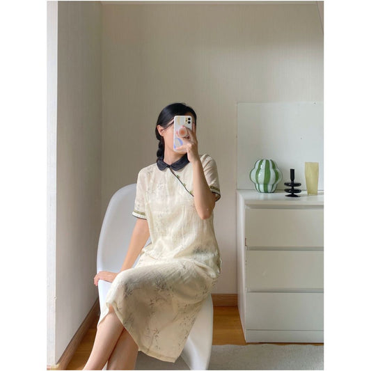 Asaya851 - ttssvintage New Chinese summer bamboo flax lapel cheongsam dress (with suspenders)