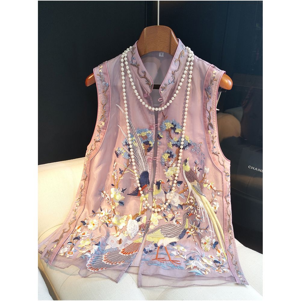 Retro Chinese style embroidered vest medium to long women s summer new style Chinese style standing collar buckle sleeveless Tang style fashion trend image 0