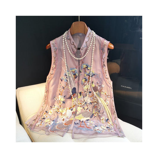Asaya832 - Retro Chinese style embroidered vest medium to long women s summer new style Chinese style standing collar buckle sleeveless Tang style fashion trend