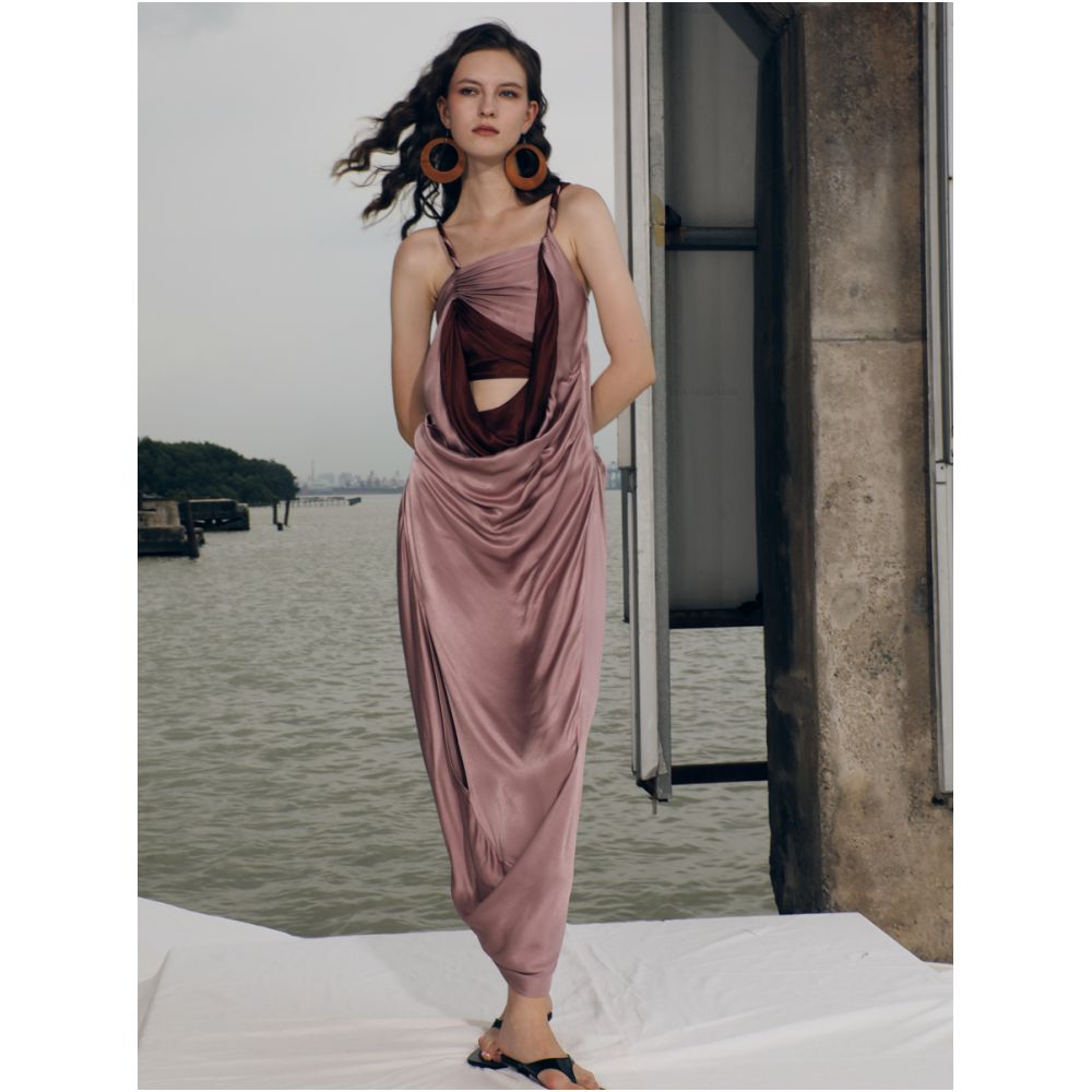 RIMLESS borderless gentle satin hollow out color blocked irregular pleated suspender dress niche original design image 0