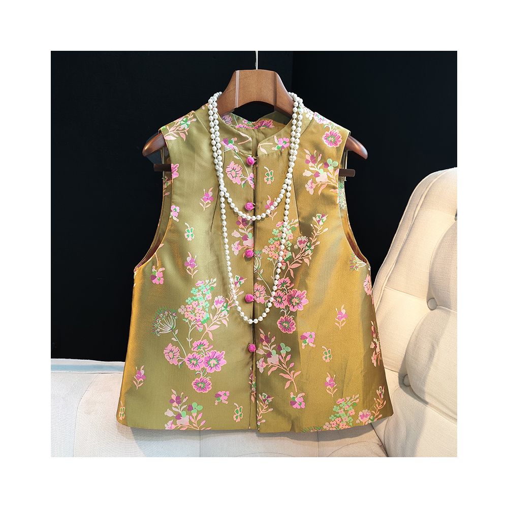 Improved Chinese style buckle vest design for women with a niche and fashionable Chinese style retro jacquard woven brocade Tang style vest and top image 13