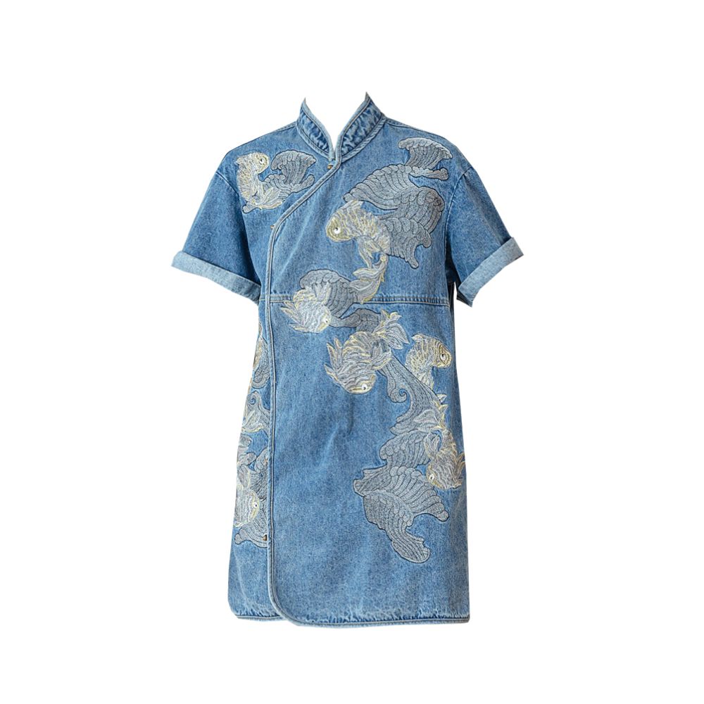 Retro Chinese style buckle cheongsam daily women s design niche fashion new Chinese style carp embroidery denim dress image 14