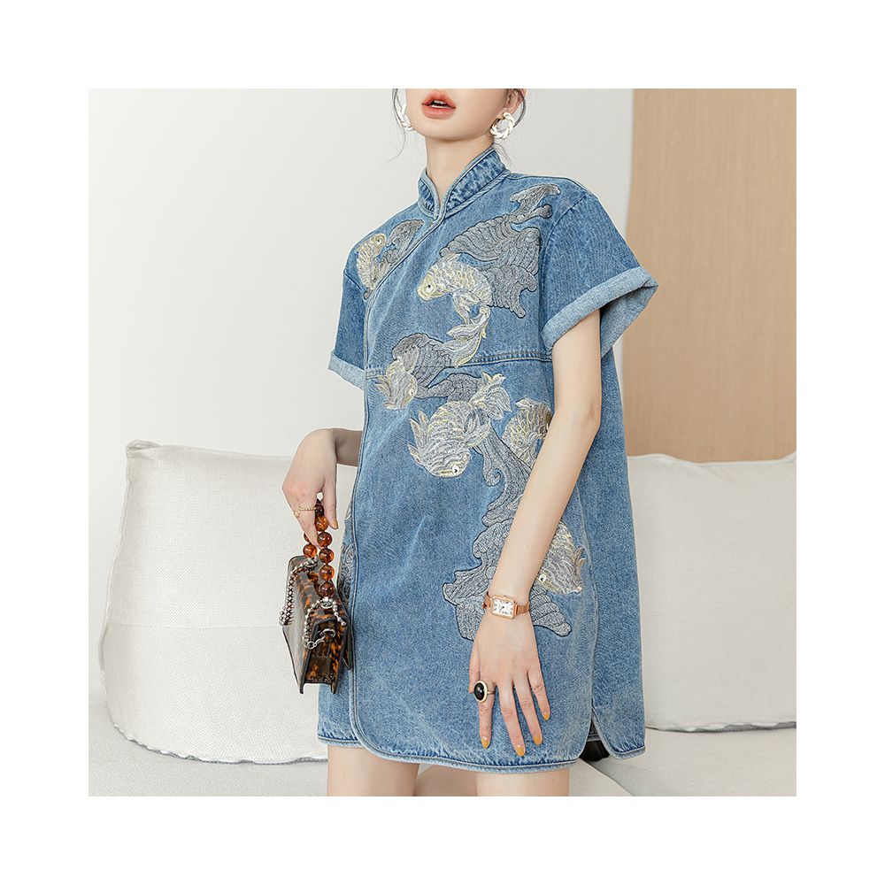 Asaya806 - Retro Chinese style buckle cheongsam daily women s design niche fashion new Chinese style carp embroidery denim dress
