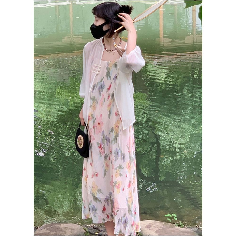 2023 new round neck camisole dress for women in mid summer with a long and stylish design that makes the dress look slim and covers the flesh Large size camisole dress image 1