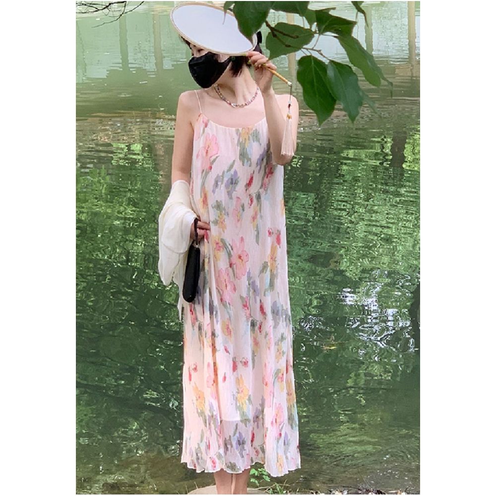 2023 new round neck camisole dress for women in mid summer with a long and stylish design that makes the dress look slim and covers the flesh Large size camisole dress image 2