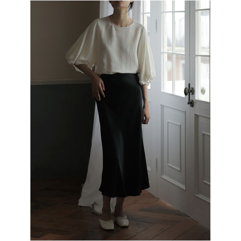 Commuse memory imported acetic acid satin silky smooth hanging slimming elastic waistband A line mid length skirt image 5