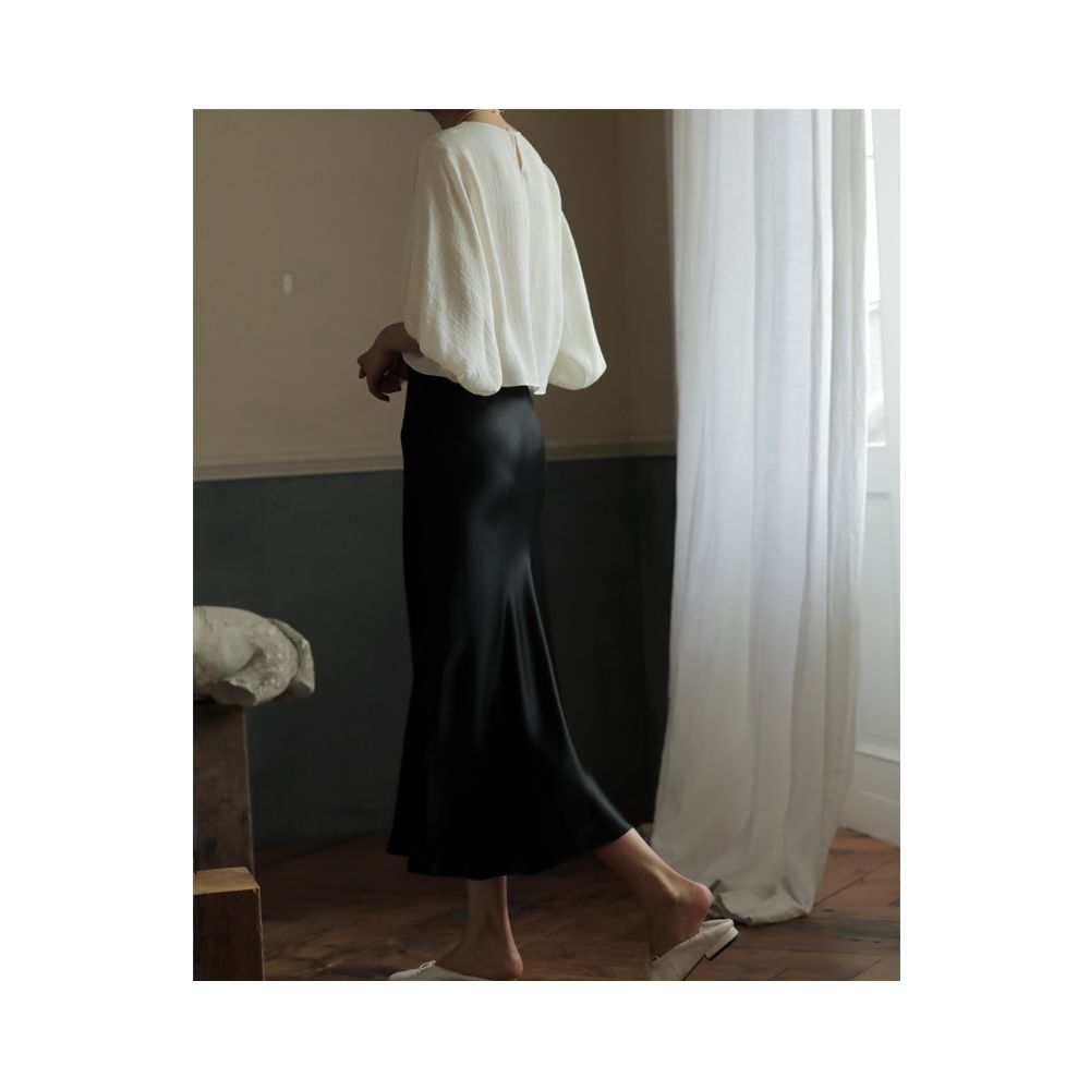 Commuse memory imported acetic acid satin silky smooth hanging slimming elastic waistband A line mid length skirt image 7