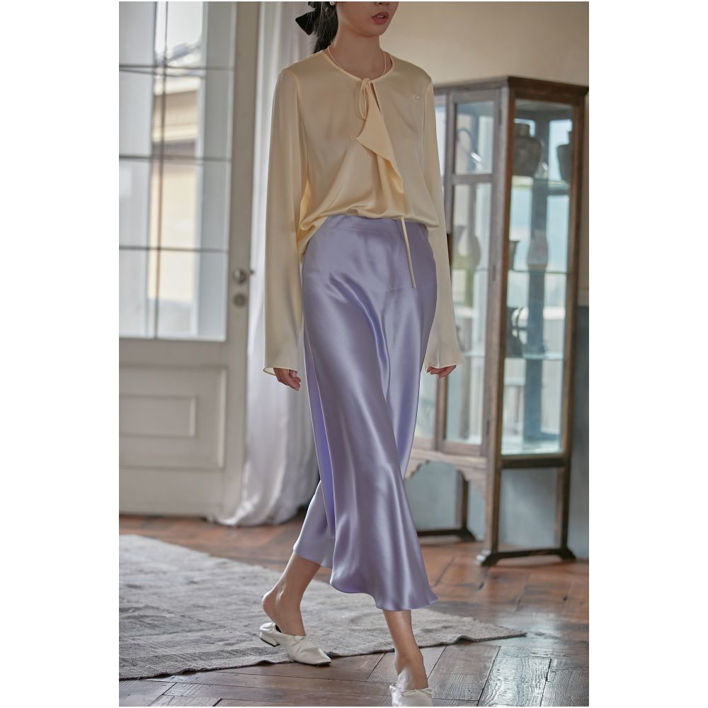 Commuse memory imported acetic acid satin silky smooth hanging slimming elastic waistband A line mid length skirt image 26
