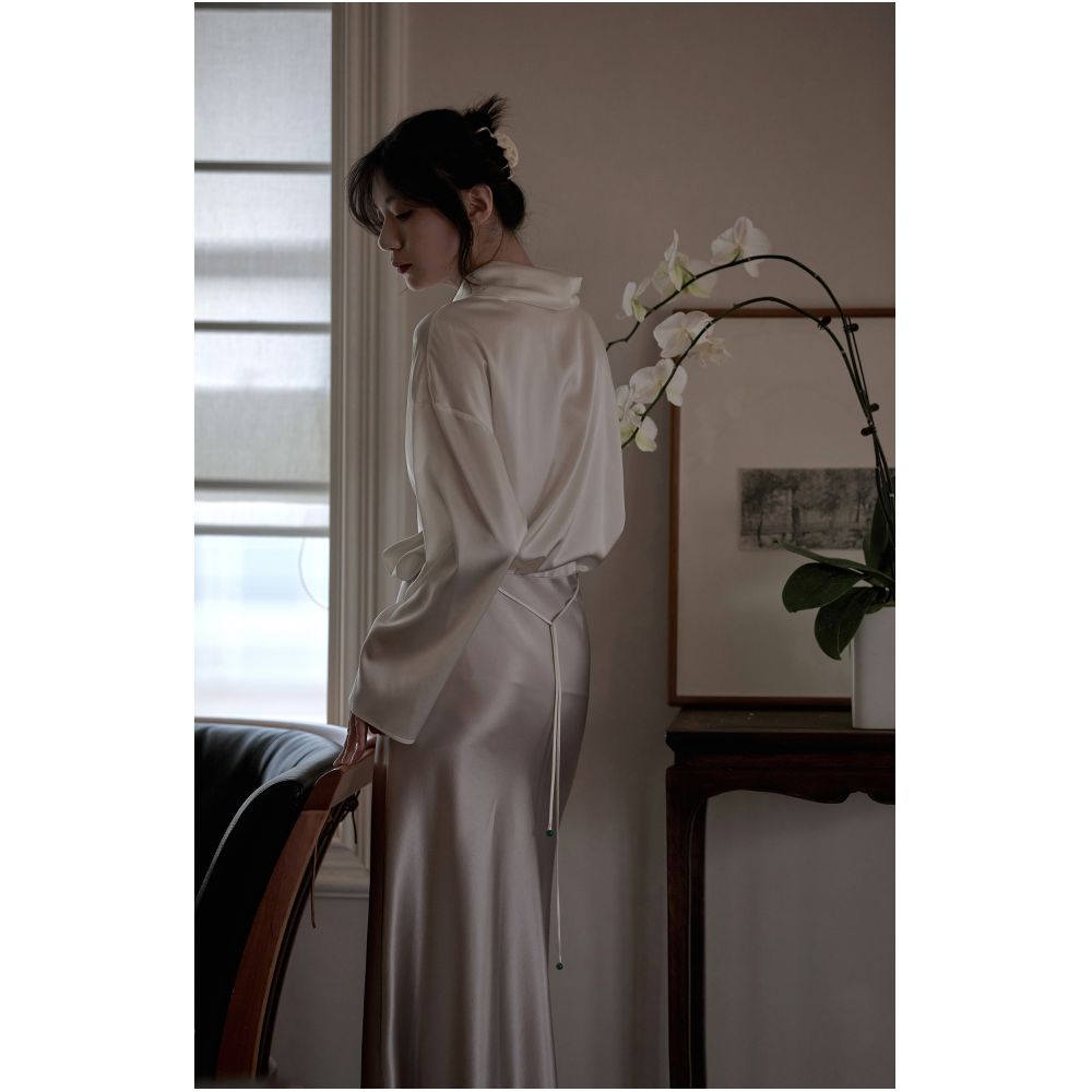 Commuse memory imported acetic acid satin silky smooth hanging slimming elastic waistband A line mid length skirt image 42