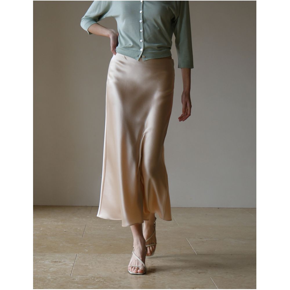 Commuse memory imported acetic acid satin silky smooth hanging slimming elastic waistband A line mid length skirt image 51