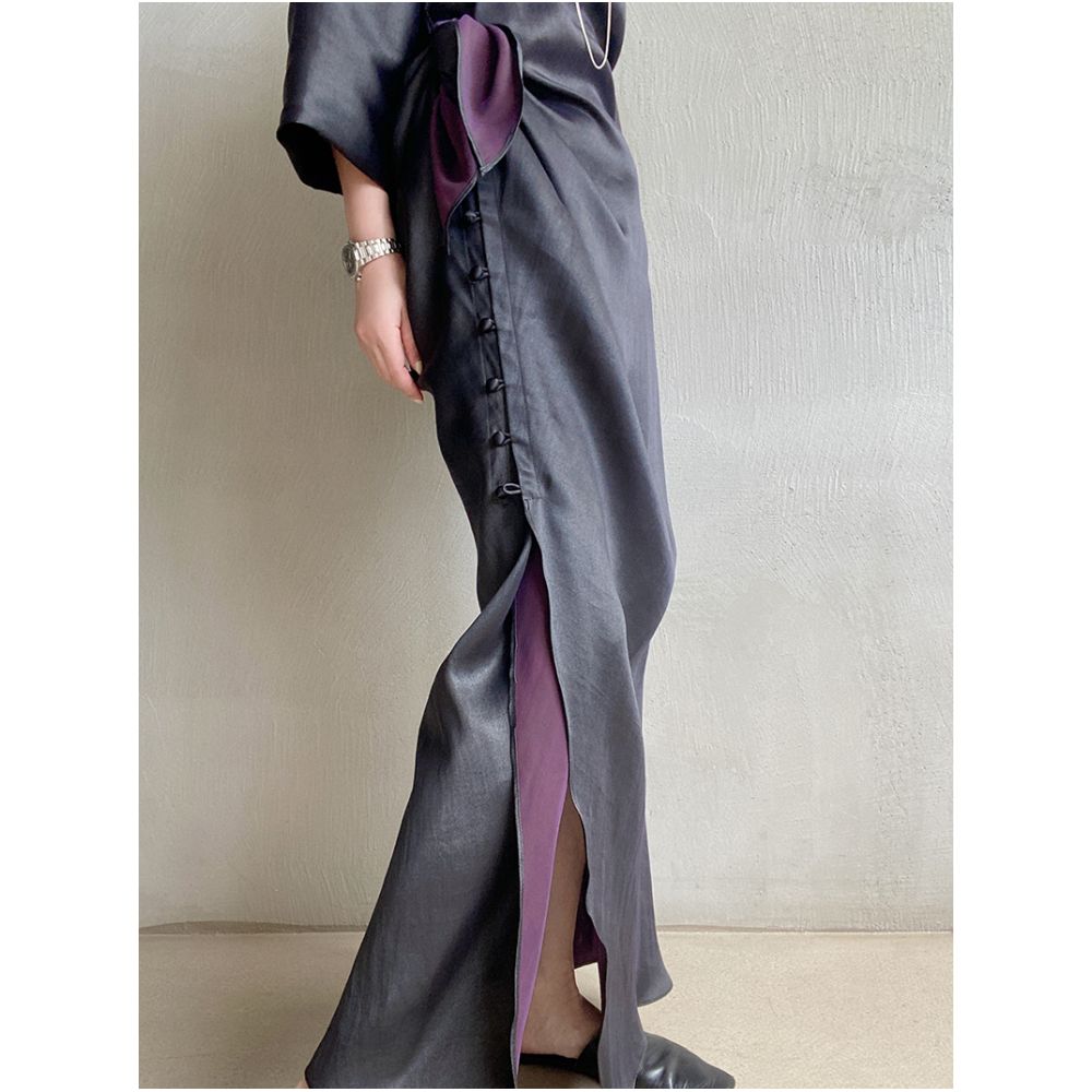 Exclusive niche exquisite new Chinese style black purple fragrant cloud yarn silk short sleeved cheongsam dress dress dress morning gown image 12