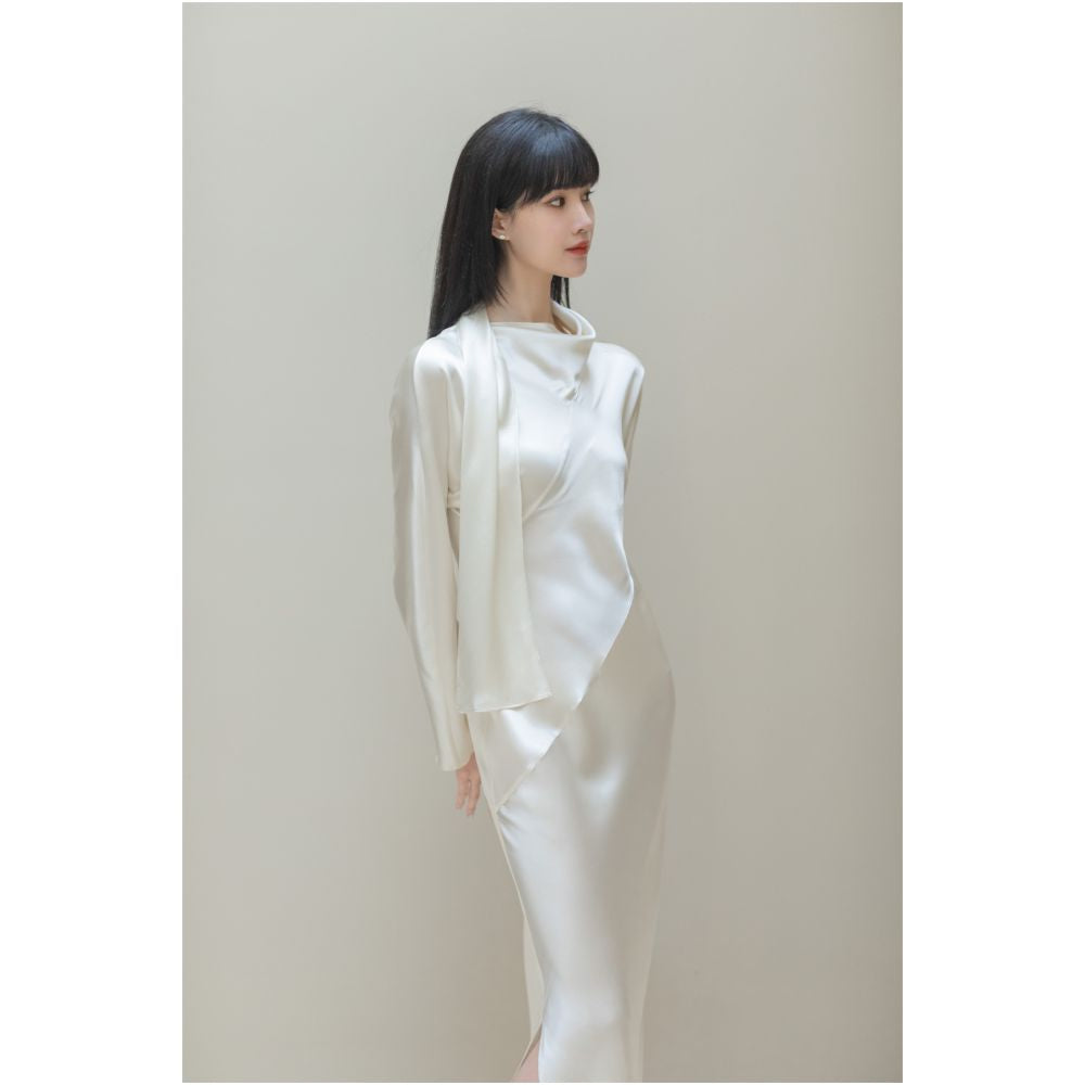 SAKINAWANG 22 Summer Silk Crepe Slant Cut Scarf Style Slim Fit Waist Long Sleeve Dress Solid Color image 0