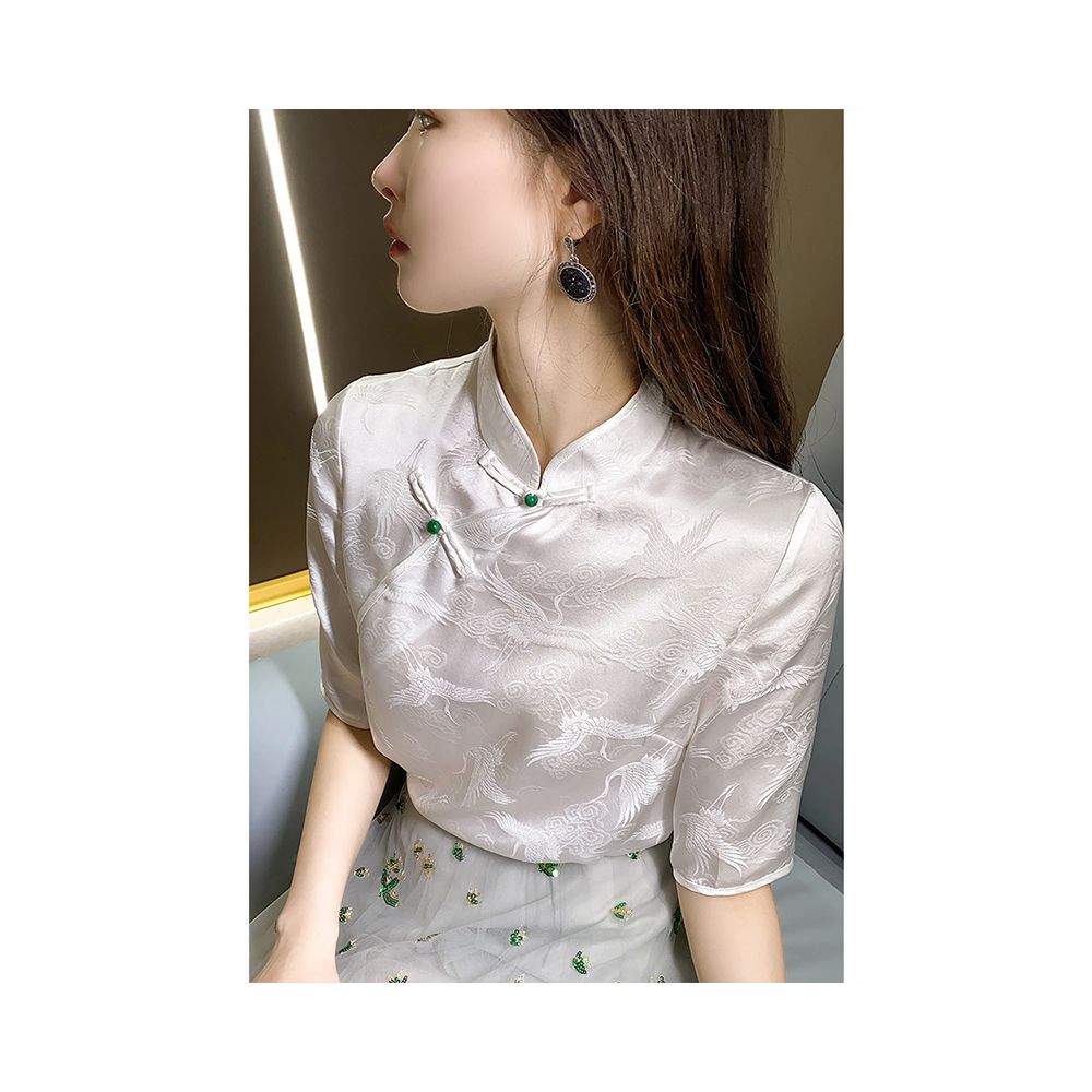 Heavy Industry Jacquard Heavy duty Silk Short sleeved Shirt Women s Summer Retro Buckle White Crane 2024 New Top image 10