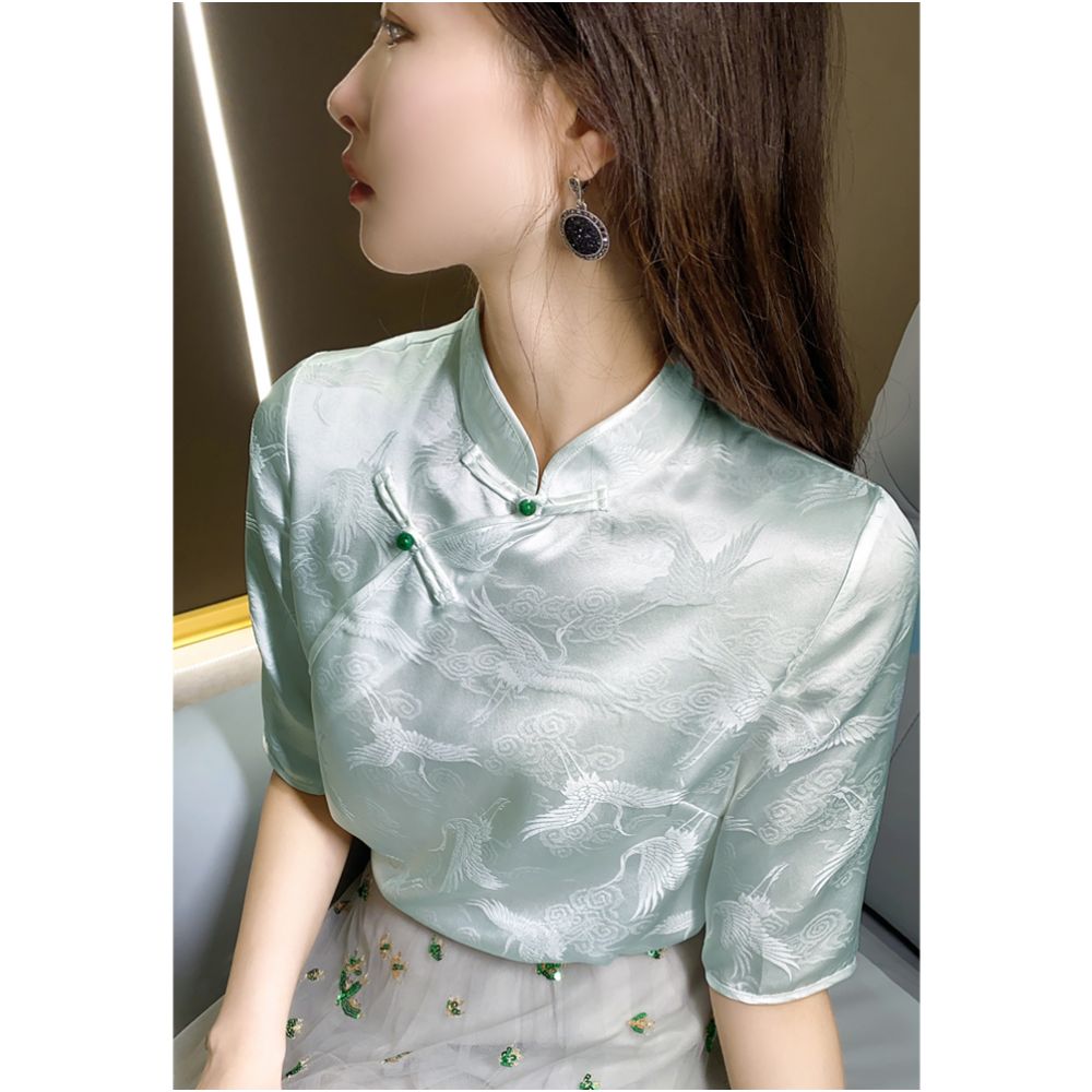 Heavy Industry Jacquard Heavy duty Silk Short sleeved Shirt Women s Summer Retro Buckle White Crane 2024 New Top image 20